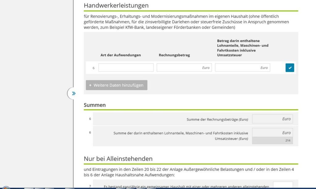 German tax return Anlage Haushaltsnahe Aufwendungen / Household works deduction